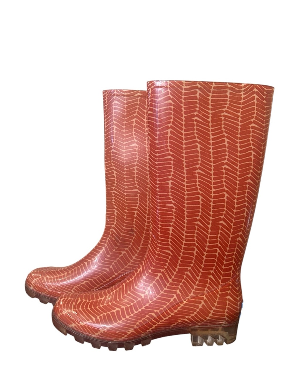 Toms Cabrilla Red Herringbone Print Translucent Heel Waterproof Rain Boots Sz 9